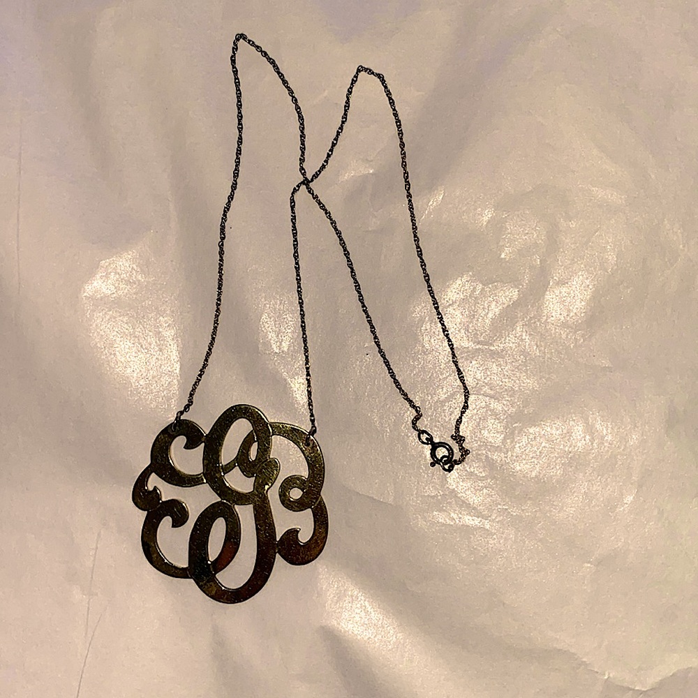 Gorjana gold plated cursive G necklace, clasp to clasp 17”, pendant 1.75x1.75